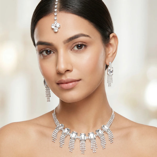 PAJURI Necklace Anti-Tarnish Rectangle Crystal Fringe Set With Earrings