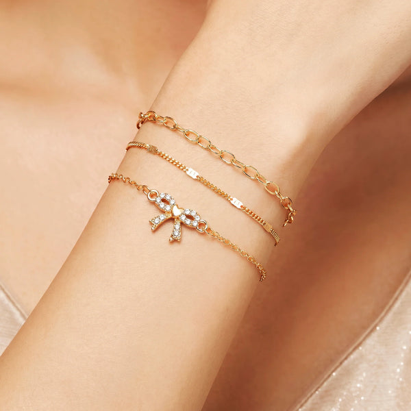 PAJURI 3 Bracelet Anti-Tarnish Three-Piece Set With Rhinestone Bow Charm (Adjustable Size)