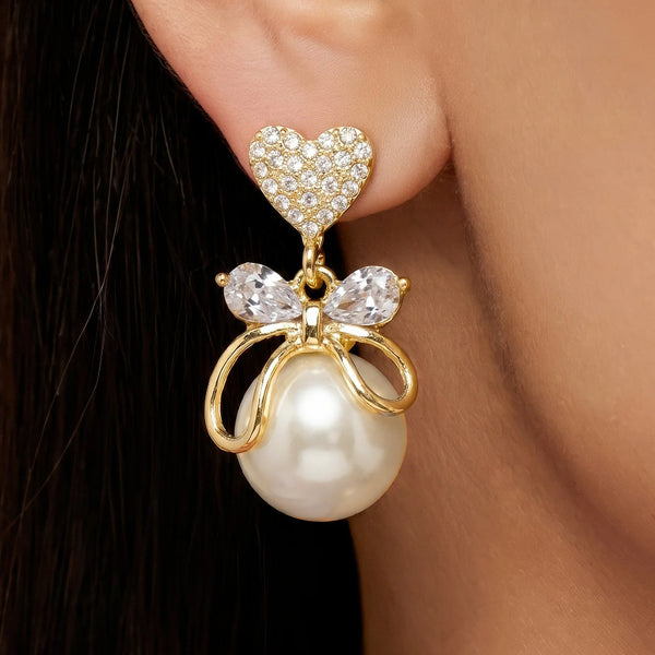 PAJURI Earrings Anti-Tarnish Heart Bow Faux Pearl Studs