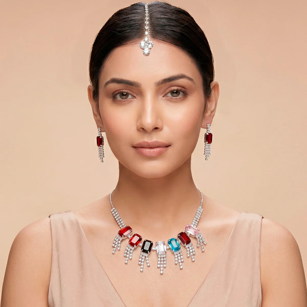 PAJURI Necklace Anti-Tarnish Multi Color Crystal Fringe Set With Earrings