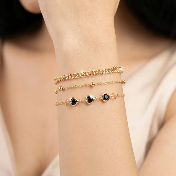 PAJURI 3 Bracelet Anti-Tarnish Layered Set With Heart Charm And Cuban Link (Adjustable Size)