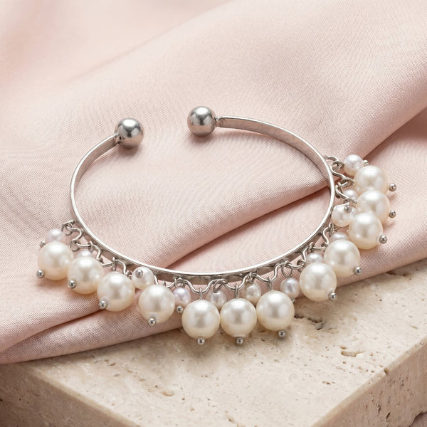 PAJURI Bracelet Anti-Tarnish Openable Pearls Silver Bangle (Adjustable Size)