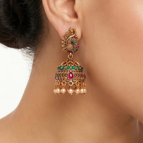 PAJURI Earrings Anti-Tarnish Peacock Motif Jhumka With Ruby Green Stones