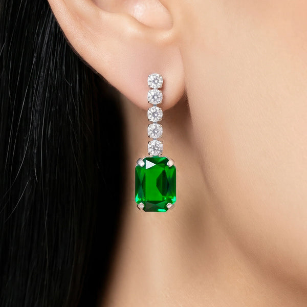 PAJURI Earrings Anti-Tarnish Emerald Rectangular Crystal Dangles