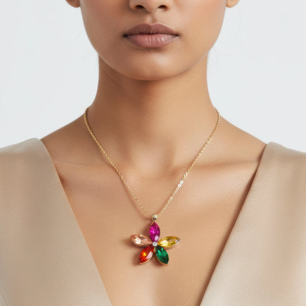 PAJURI Necklace Anti-Tarnish Multicolor Crystal Flower Pendant