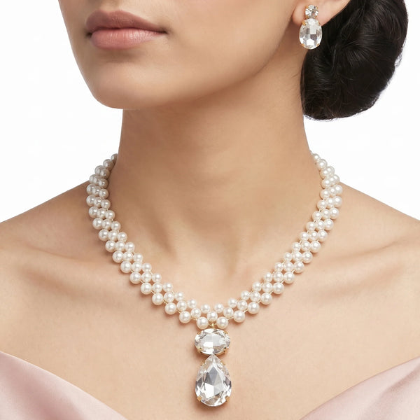 PAJURI Necklace Anti-Tarnish Three-Strand Pearl Crystal Set With Earrings
