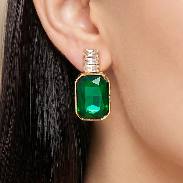 PAJURI Earrings Anti-Tarnish Baguette Chain & Emerald Crystal Dangles