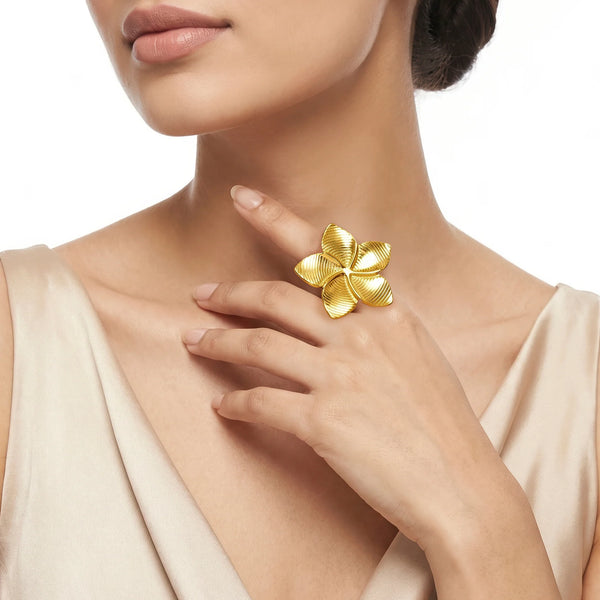 PAJURI Ring Anti-Tarnish Frangipani Floral Ribbed (Adjustable Size)