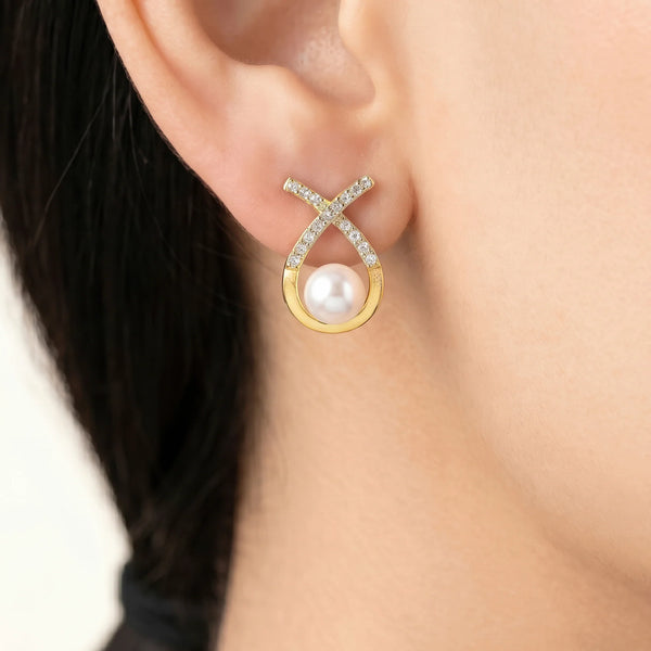 PAJURI Earrings Anti-Tarnish Ribbon Crystal Pearl