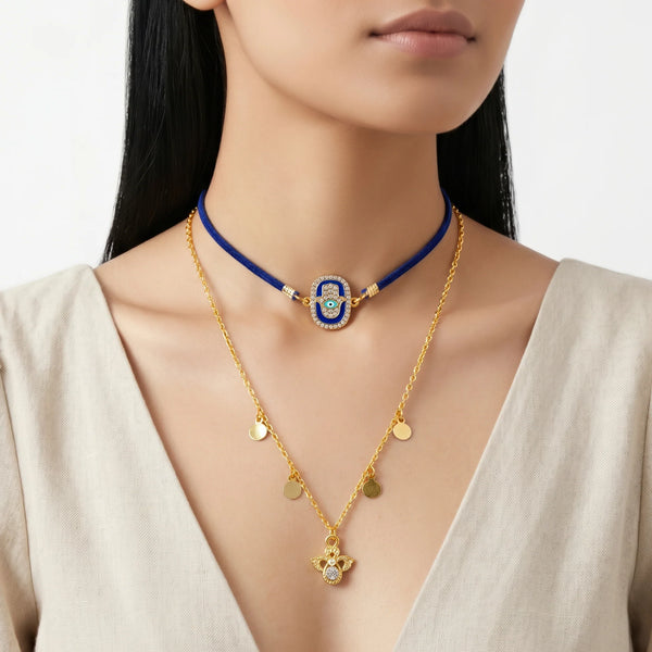 PAJURI Necklace Anti-Tarnish Hamsa Hand Crystal Layered Chain