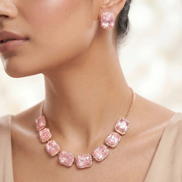 PAJURI Necklace Anti-Tarnish Soft Pink Rectangle Crystal Set With Earrings