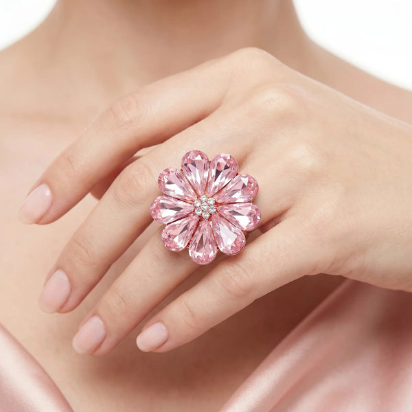 PAJURI Ring Anti-Tarnish Pink Floral Crystal (Adjustable Size)