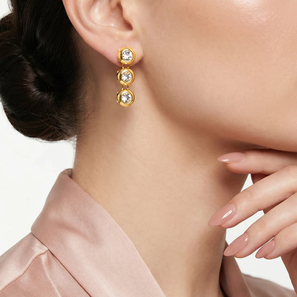 PAJURI Earrings Anti-Tarnish Triple-Drop Bezel-Set Crystal Drop