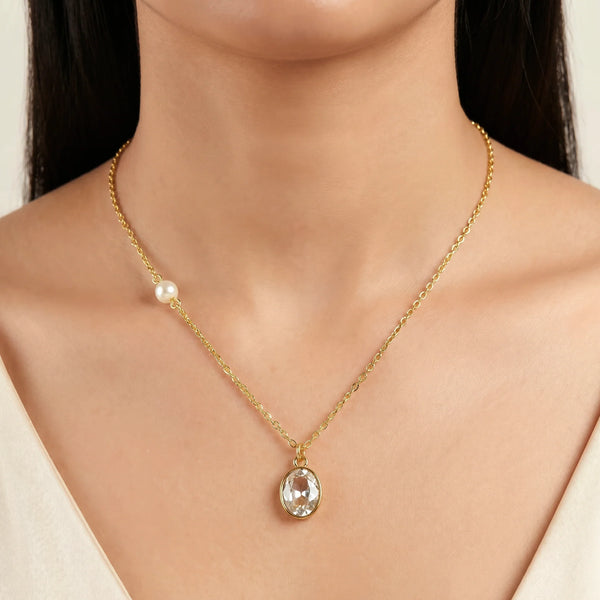 PAJURI Necklace Anti-Tarnish Oval Crystal Pendant With Faux Pearl Accent