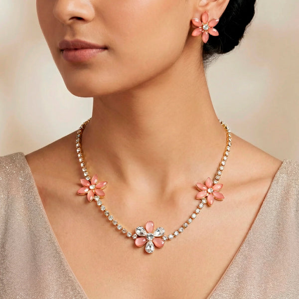 PAJURI Necklace Anti-Tarnish Floral Rhinestone Chain Set With Earrings