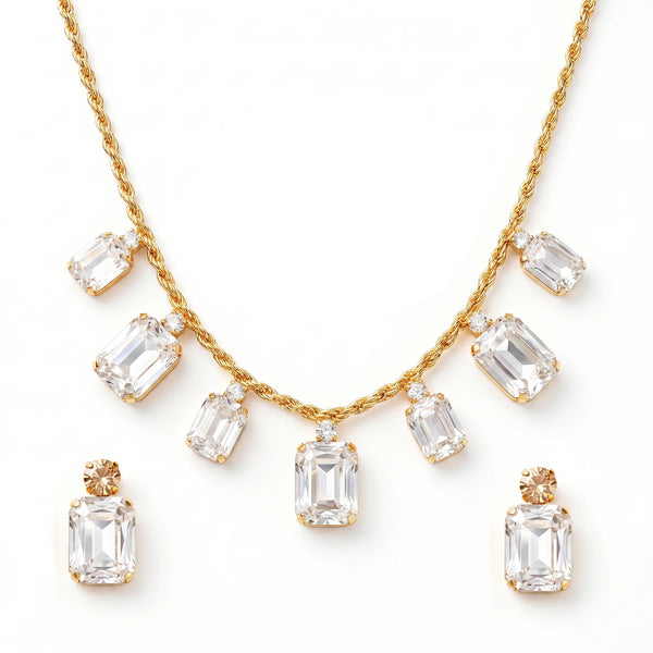 PAJURI Necklace Anti-Tarnish Rectangle Crystals Statement Set With Earrings