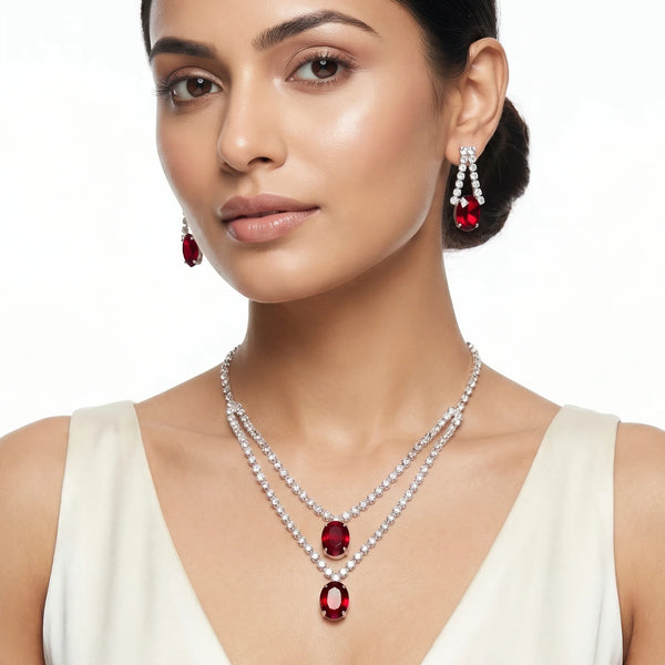 PAJURI Necklace Anti-Tarnish Siam Red Oval Crystal Double-Layer Set With Earrings