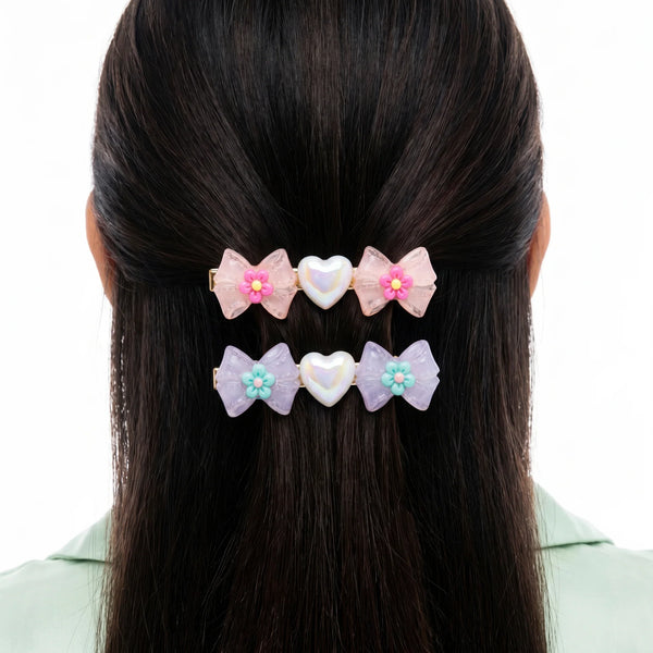 PAJURI 2 Hair Clip Anti-Tarnish Pastel Peach Purple Pair Flower Heart Accent