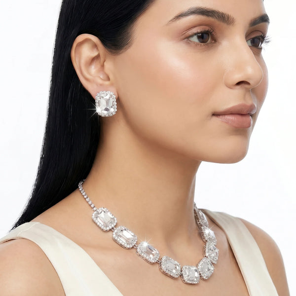 PAJURI Necklace Anti-Tarnish Single-Line Rectangle Crystal Set With Earrings
