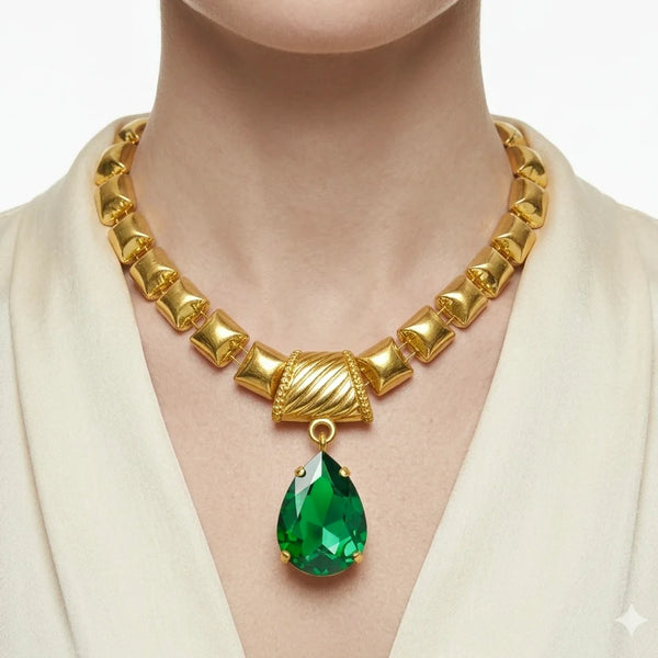 PAJURI Necklace Anti-PAJURI Tarnish Gold Plated Premium Quality Necklace Set With Emerald Green Large Crystal Pendant