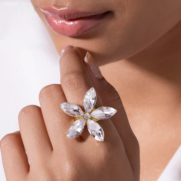 PAJURI Ring Anti-Tarnish Crystal Flower (Adjustable Size)