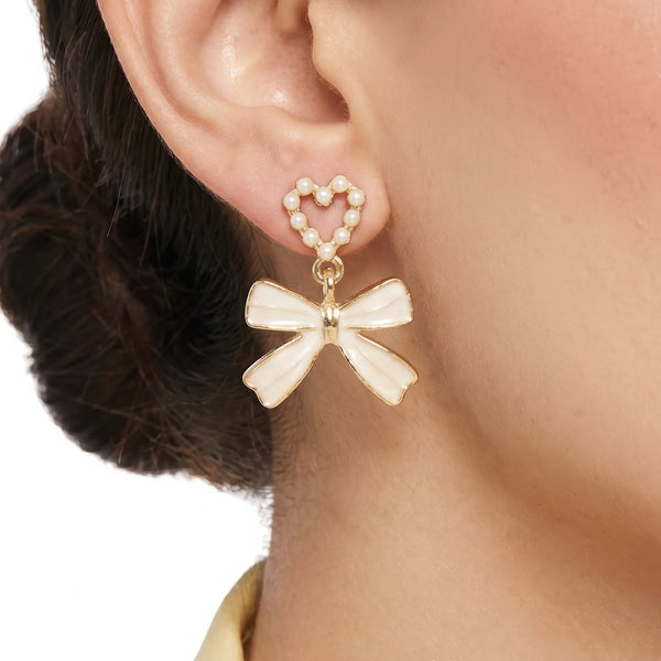 PAJURI Earrings Anti-Tarnish Pearl Heart And Enamel Bow Drop