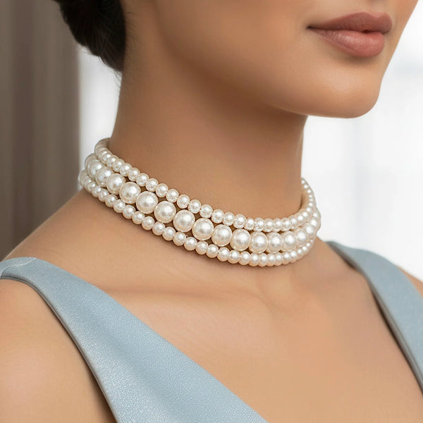 PAJURI Necklace Triple Layer White Pearl Choker Set