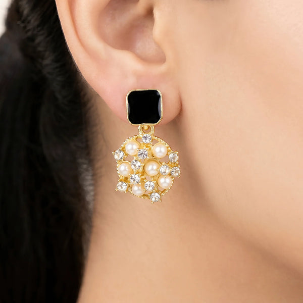 PAJURI Earrings Anti-Tarnish Black Enamel Crystal Pearl Drop