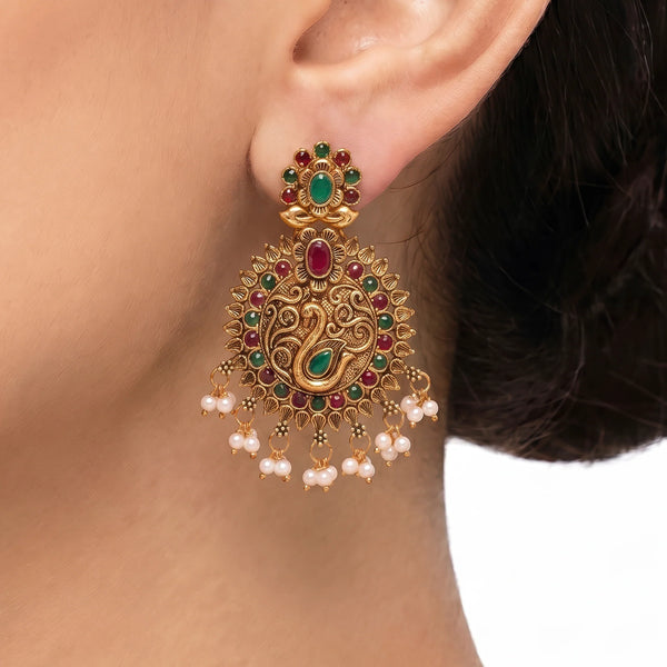 PAJURI Earrings Anti-Tarnish Antique Peacock Stone Chandbali
