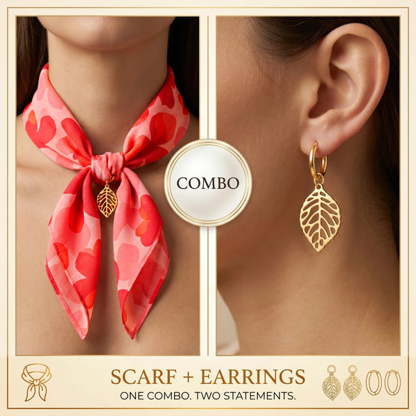 PAJURI COMBO ✨ Red Floral Scarf Necklace With Leaf Earrings