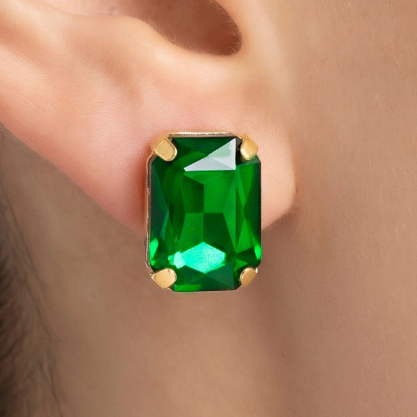 PAJURI Earrings Anti-Tarnish Emerald Rectangle Crystal Studs