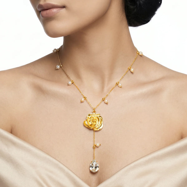 PAJURI Necklace Anti-Tarnish Rose Lariat With Pearls And Teardrop Crystal
