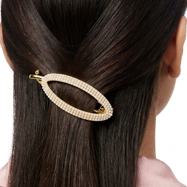 PAJURI Hair Claw Clip Anti-Tarnish Oval Barrette Adorned With White Faux Pearls