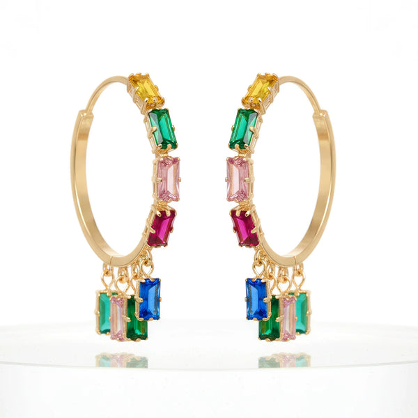PAJURI Earrings Anti-Tarnish Rectangle Multicoloured Crystal Charms Hoop