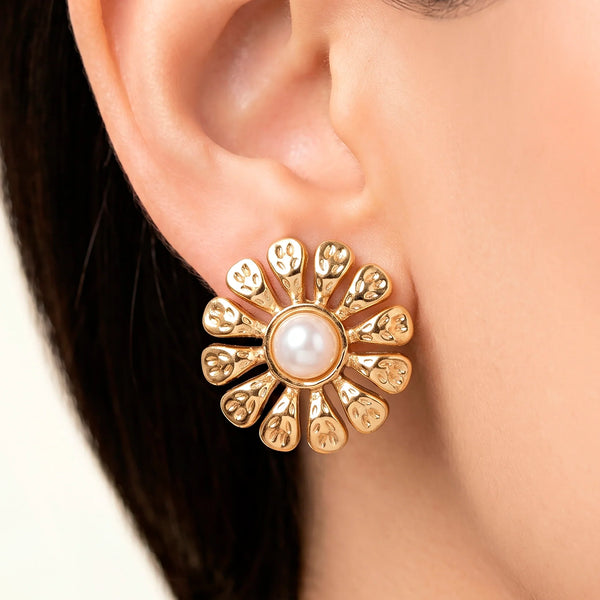 PAJURI Earrings Anti-Tarnish Mini Sunflower Studs With Faux Pearl