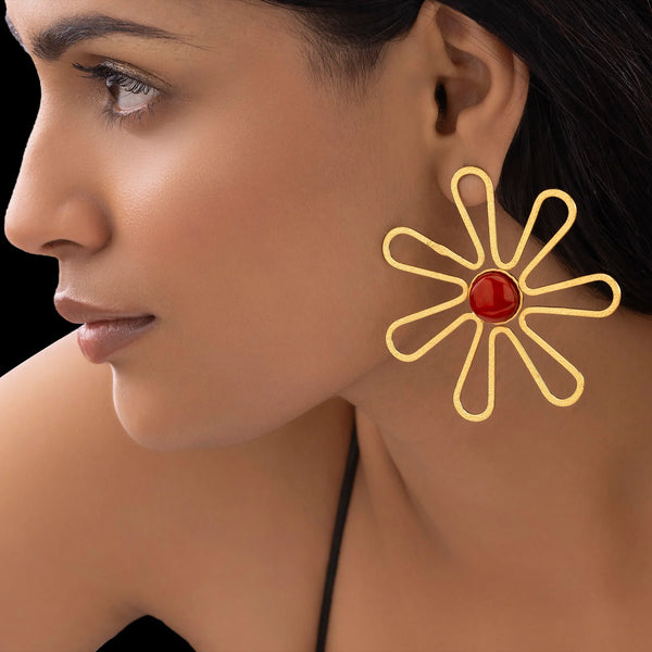 PAJURI Earrings Anti-Tarnish Flower Statement with Red Cabochon Danglers