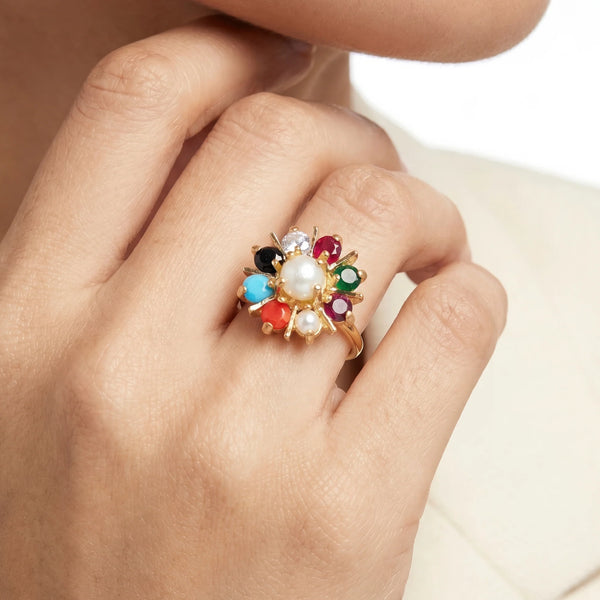 PAJURI Ring Anti-Tarnish Multicolor Floral Pearl (Adjustable Size)