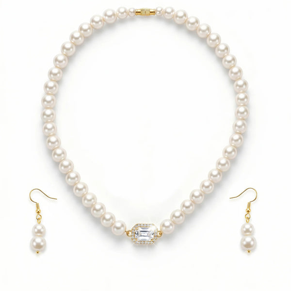 PAJURI Necklace Anti-Tarnish Crystal Pearl Set With Earrings