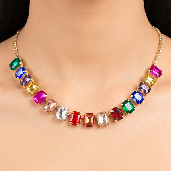 PAJURI Necklace Anti-Tarnish Multicolor Emerald-Cut Crystal Single-Line