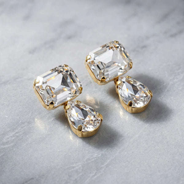 PAJURI Earrings Anti-Tarnish Emerald-Cut Crystal And Teardrop Dangle Studs