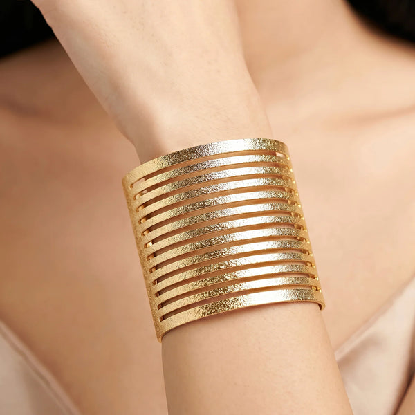 PAJURI Bracelet Anti-Tarnish Wide Multi-Slat Textured Cuff (Adjustable Size)