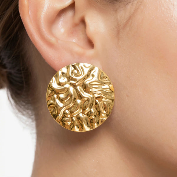 PAJURI Earrings Anti-Tarnish Hammered Coin Gold-Plated Statement