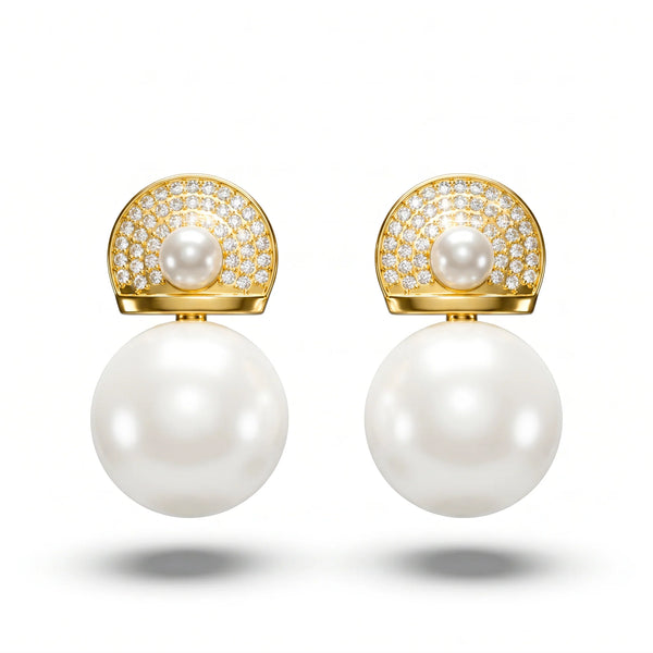 PAJURI Earrings Anti-Tarnish Dual Pearl Crystal Studs