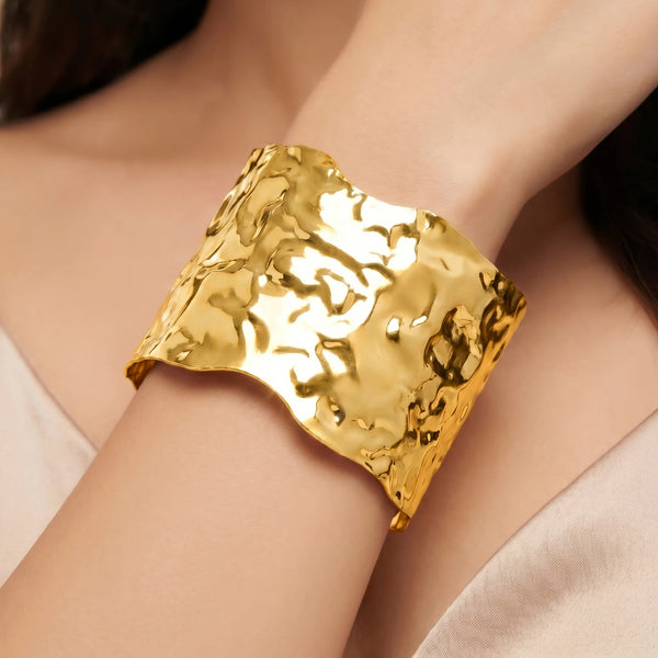 PAJURI Bracelet Anti-Tarnish Molten Texture Golden Statement Cuff (Adjustable Size)