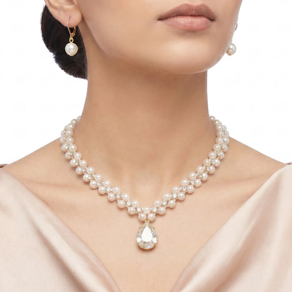 PAJURI Necklace Anti-Tarnish Crystal Pearl Teardrop Set With Earrings