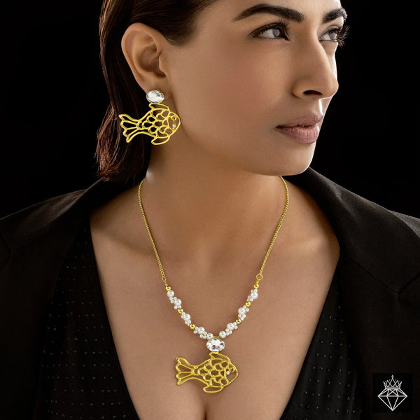 PAJURI Necklace Anti-Tarnish Golden Fish Set With Earrings