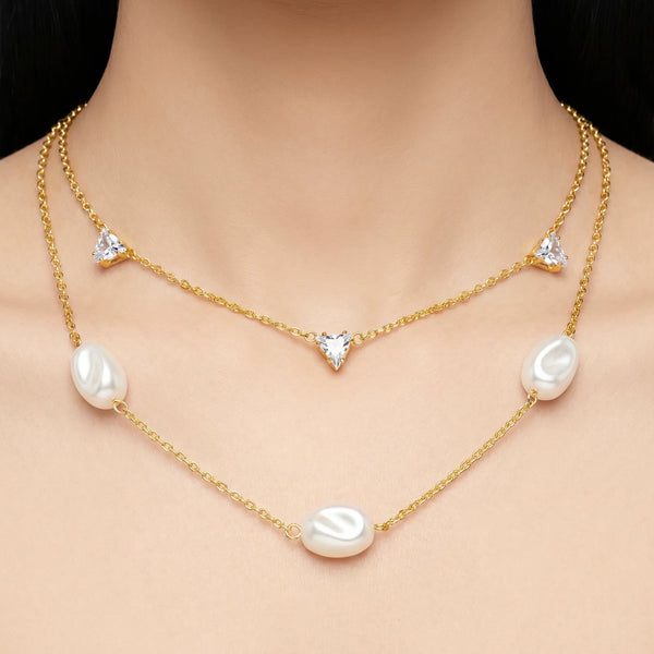 PAJURI  Necklace Anti-Tarnish Double-Strand Pearl & Trillion Crystal Chain