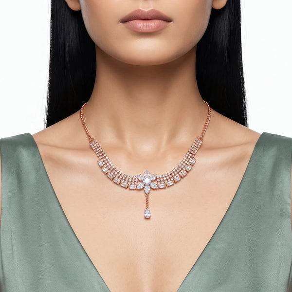 PAJURI Necklace Anti-Tarnish Floral Rhinestone Teardrop Design