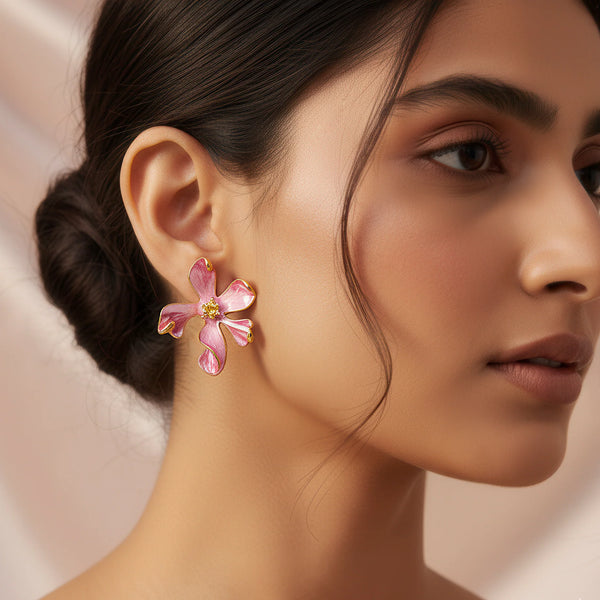 PAJURI Earrings Anti-Tarnish Pink Enamel Lily Flower Studs