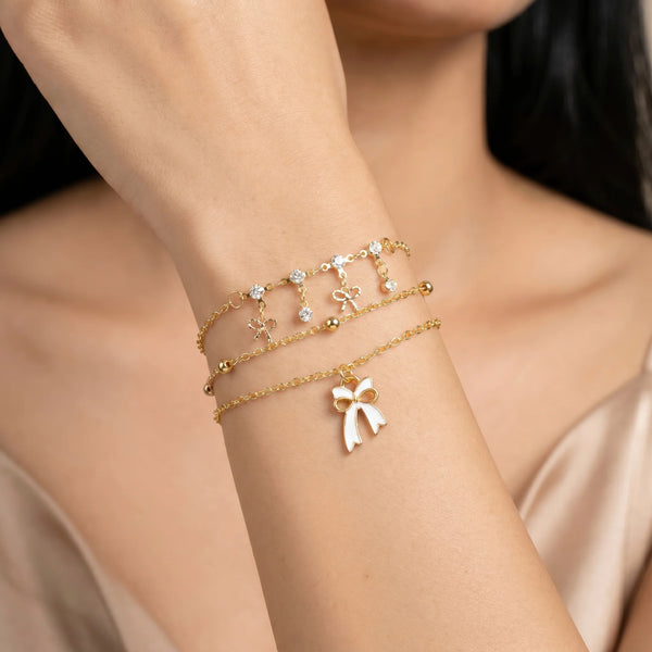PAJURI 3 Bracelet Anti-Tarnish Three-Piece Set With Bows And Crystal Accents (Adjustable Size)